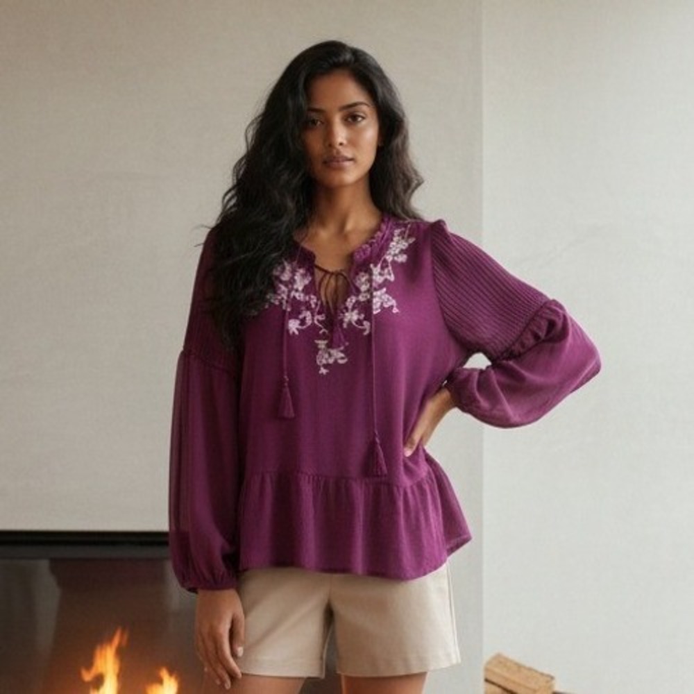 WHBM Women's‎ M Blouse Purple Peasant Ruffle Hem Balloon Sleeve Tassel Tie